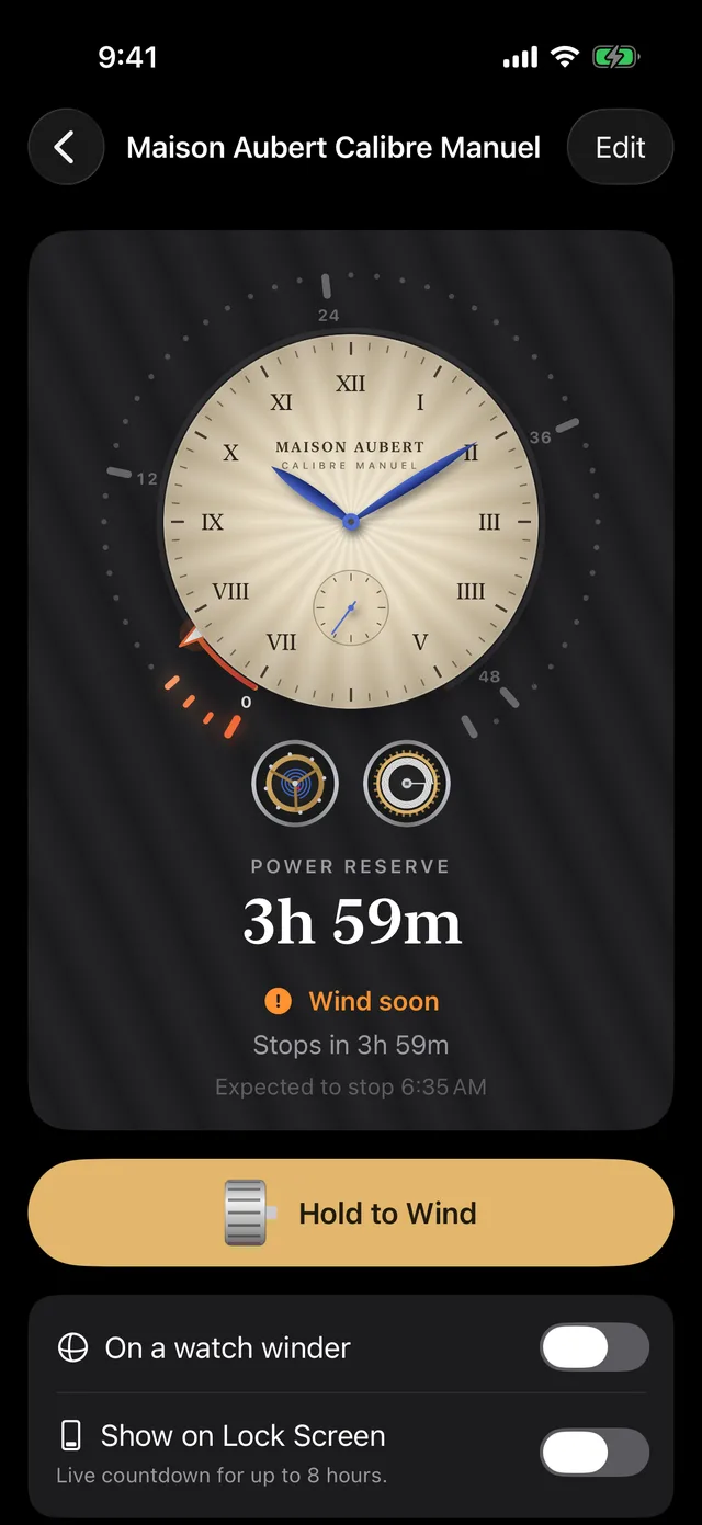A hand-wound watch showing 3 hours 59 minutes of power reserve left and a Wind soon warning