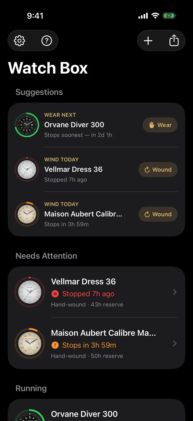 The watch box listing which automatic to wear next and which hand-wound watches to wind today