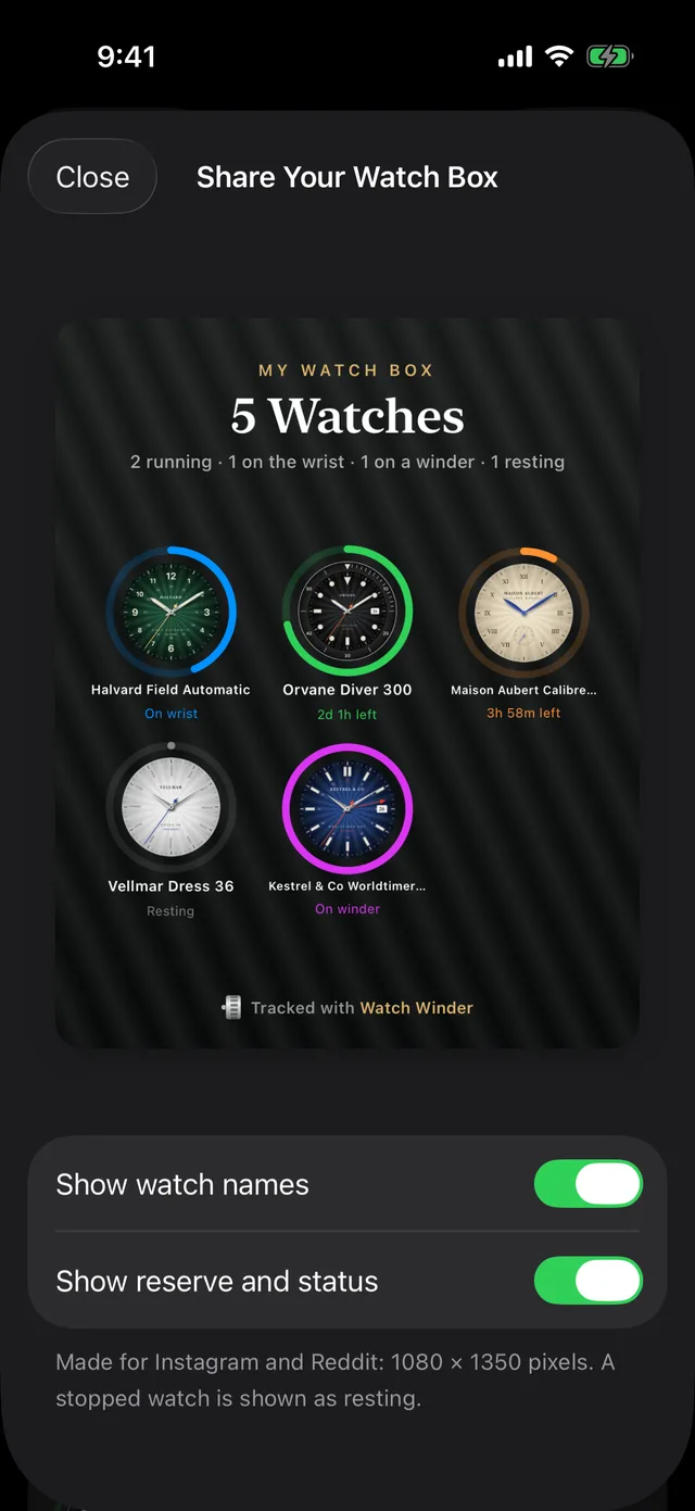 A shareable card showing five watches, each in its power reserve ring