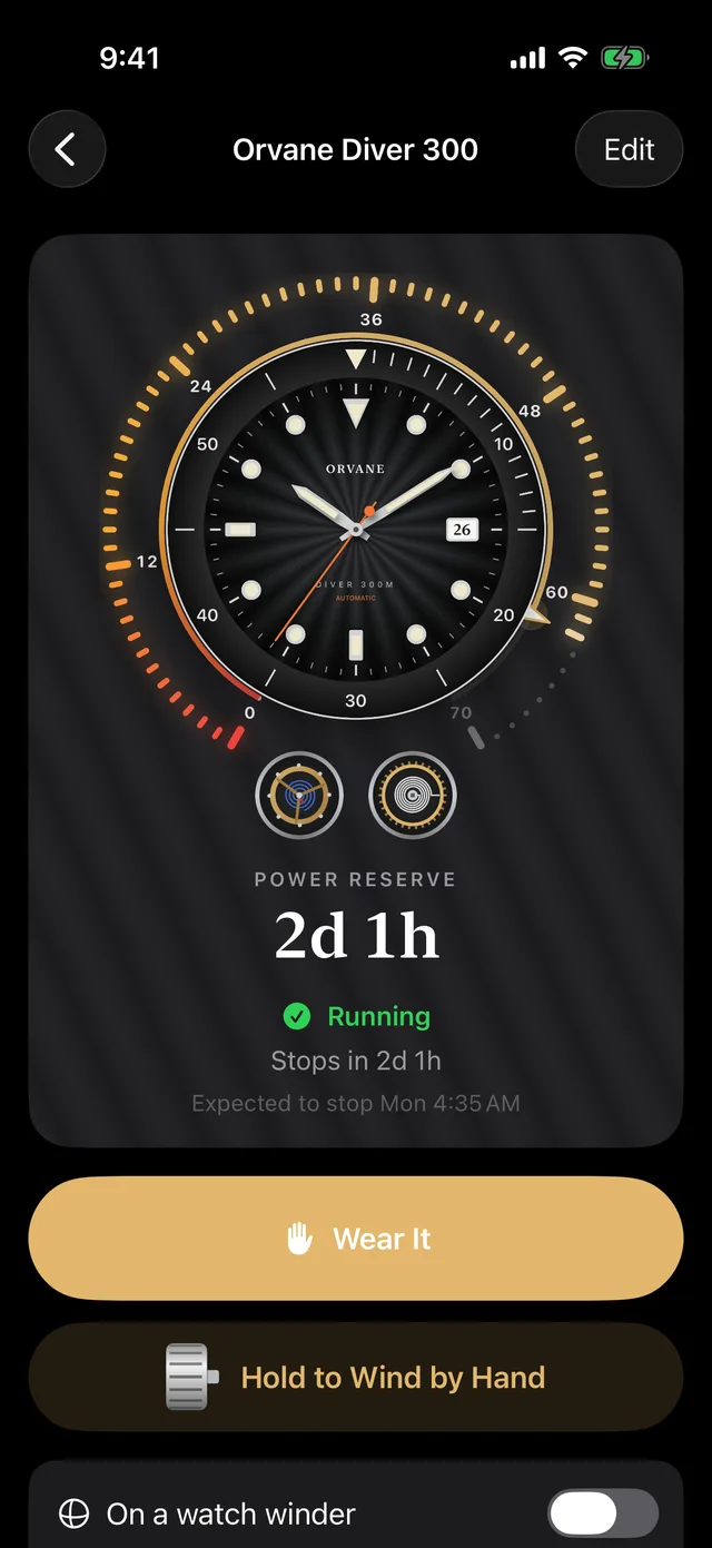 Winding a watch in the app: the reserve gauge fills as you hold the crown button